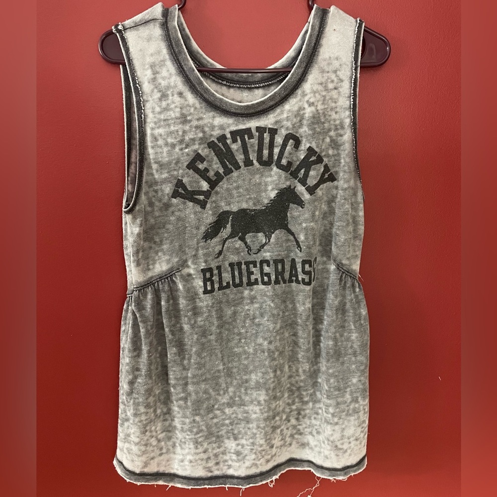 Kentucky Bluegrass distressed tank. Size small.